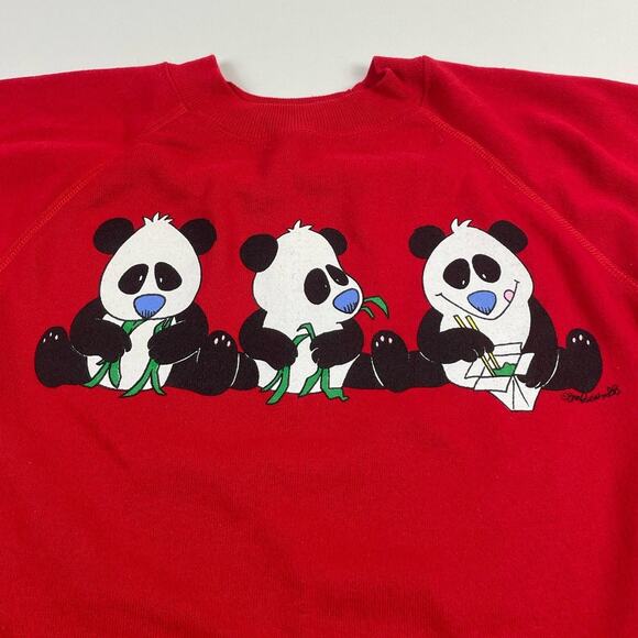 Panda Eating Cartoon Drawing China Vintage 80s Red Crewneck Size XL Jim Benton - Picture 3 of 7